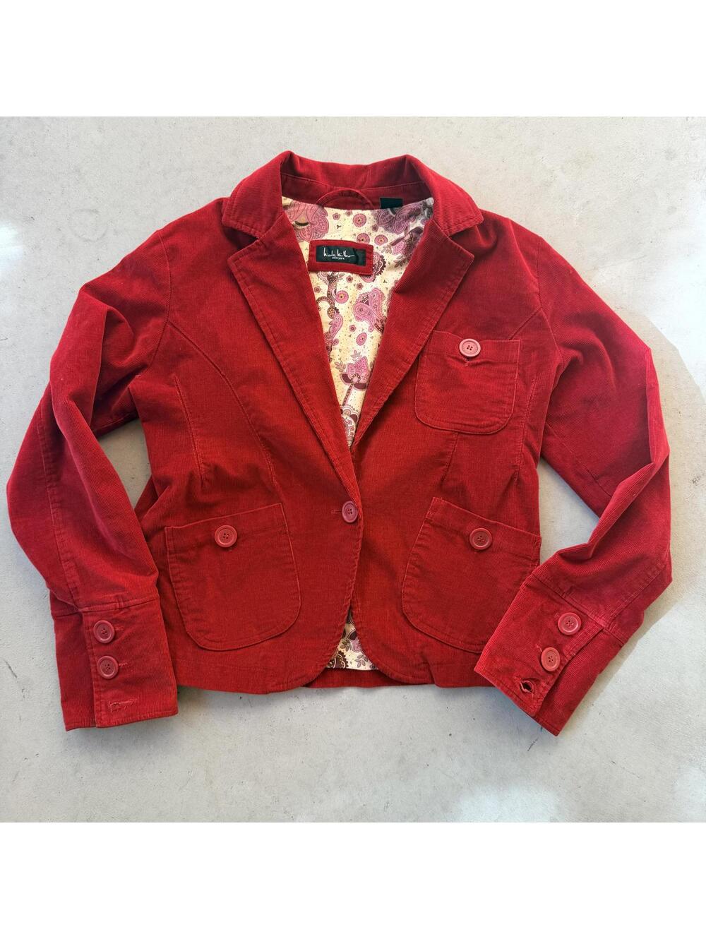 Nicole Miller Red Corduroy Blazer Vintage Y2K Boho Indie Jacket Paisley Lining